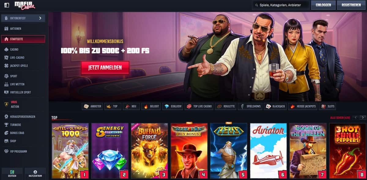 Mafia Casino richtet sich an aktive Spieler, die Wert auf Cashback und Gamification legen. Das Krypto Casino überzeugt mit vielen Aktionen, schneller Auszahlung, großem Spielangebot und sehr guter mobiler Nutzung, verlangt bei Boni jedoch hohe Umsatzanforderungen